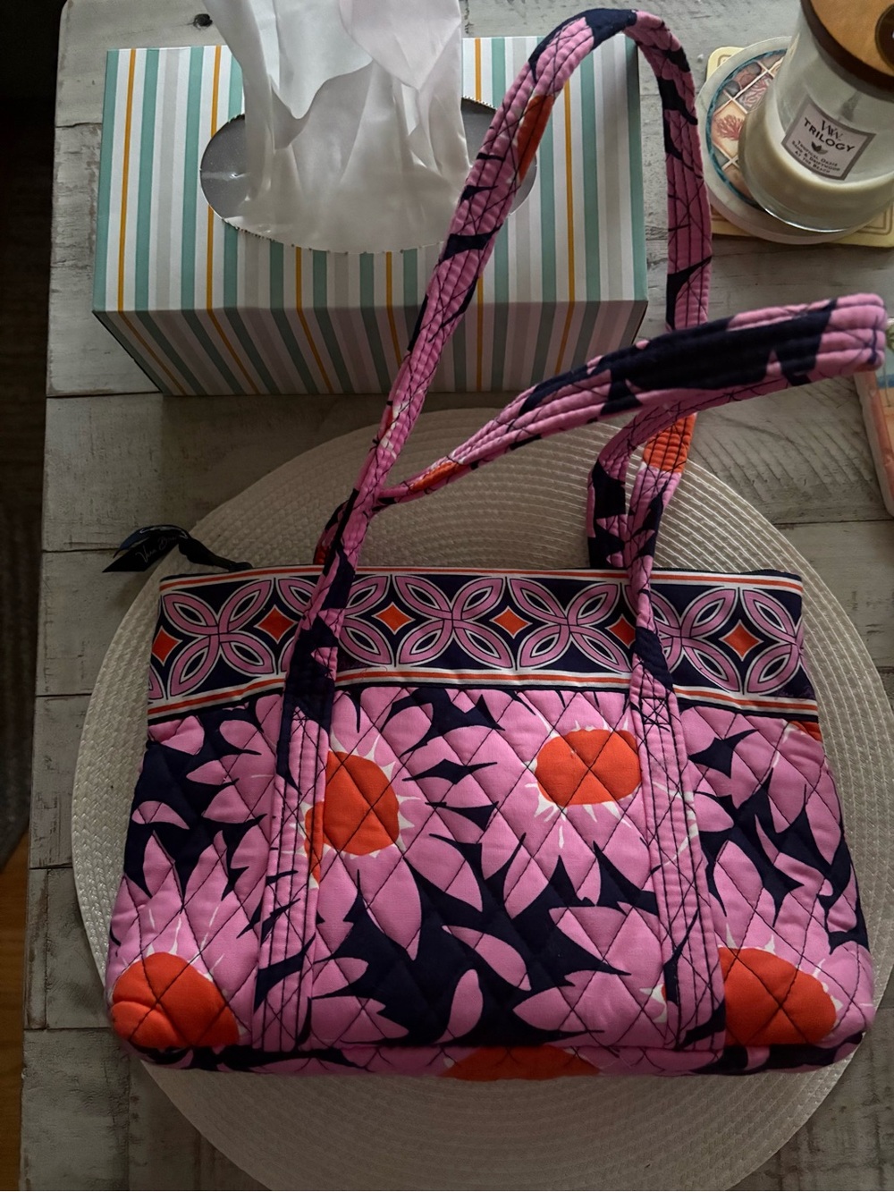 Vera Bradley Pink, Navy & Orange Quilted Floral Tote with Patterned Trim